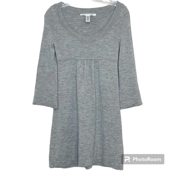 Diane Von Furstenberg Gray Merino Wool 3/4 Sleeve Scoop Neck Mini Dress Petite - Picture 1 of 9